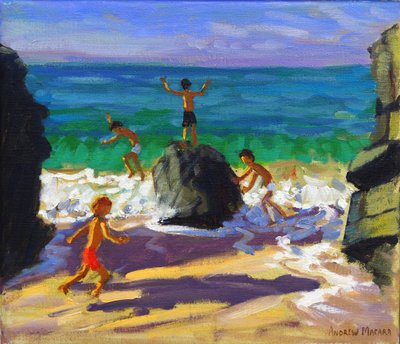 Climbing rocks, Porthmeor beach, St Ives by Andrew Macara